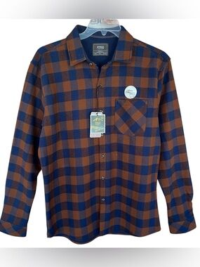 Nomad Thermal Lined Flannel Shirt Men’s Large Tan Navy Plaid Button Down Shirt